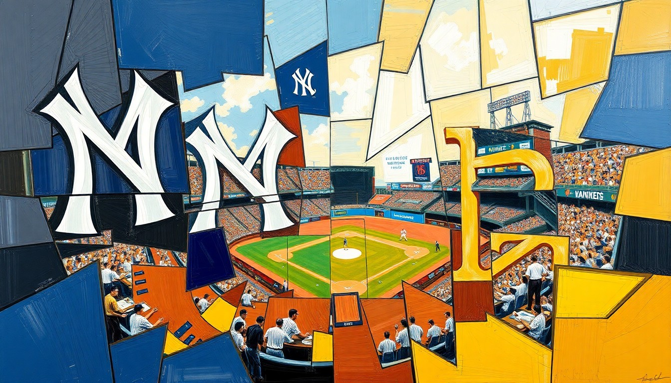 A cubist, geometric painting depicting a baseball game or match between the Yankees and Padres, with the players and field fractured into sharp, overlapping planes of vibrant navy, white, brown, and gold colors.
