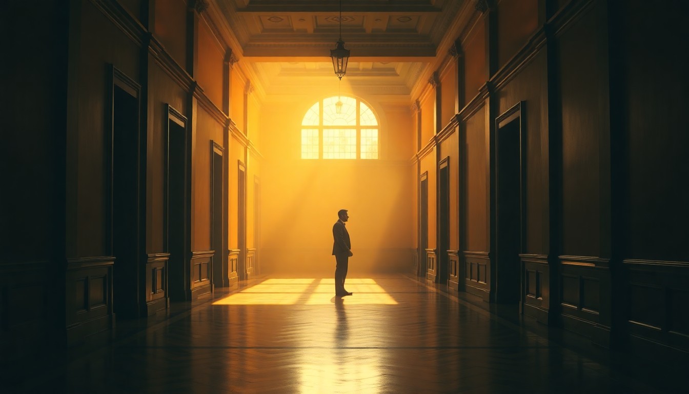 A lone figure standing in a dimly lit government hallway, the warm light casting dramatic shadows across the walls and floor, conveying a sense of solitude and contemplation around the political process.