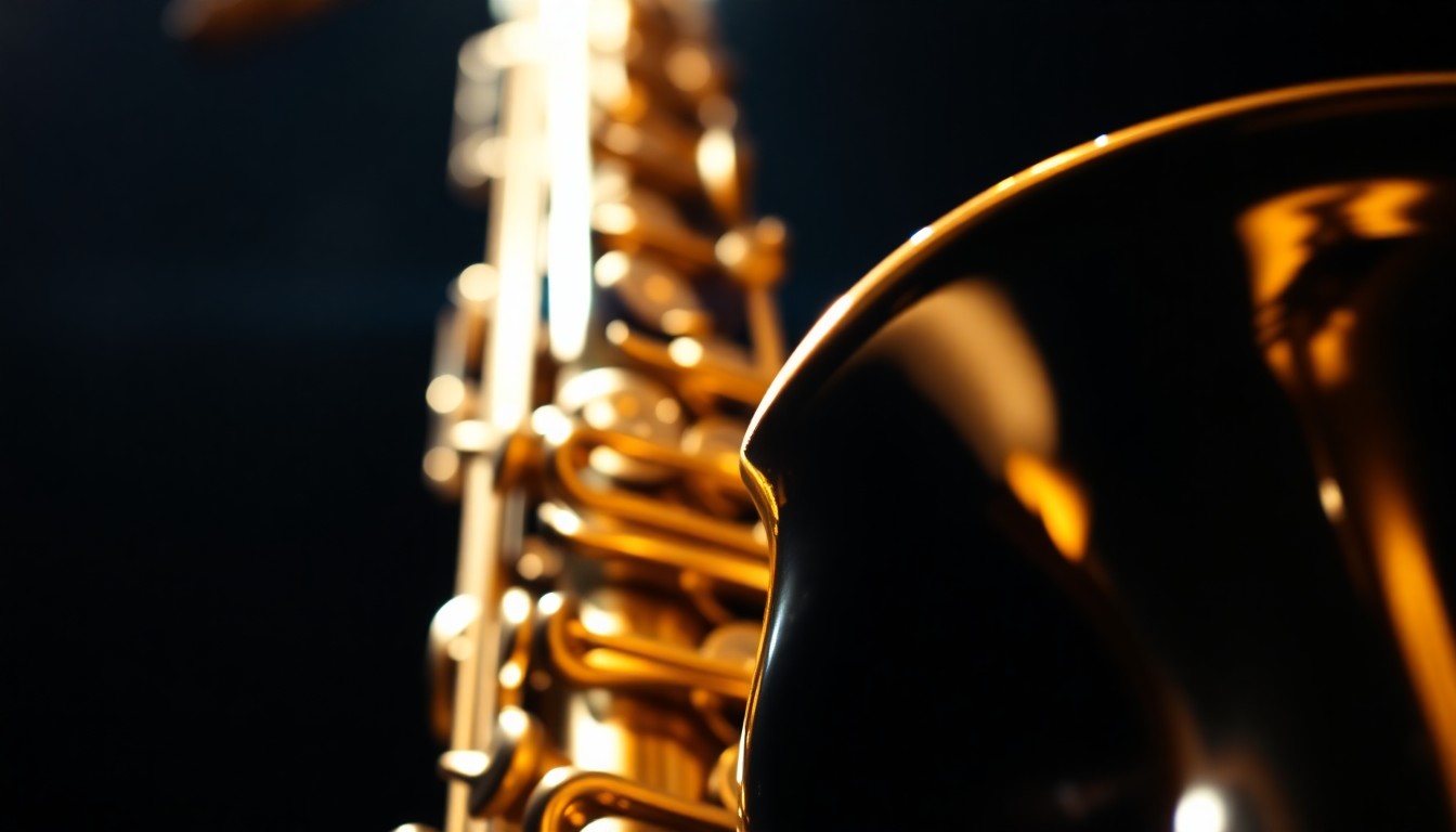An abstract close-up photograph of a highly reflective, golden saxophone bell, capturing the glamour and drama of live jazz performance through dramatic studio lighting and extreme macro focus.