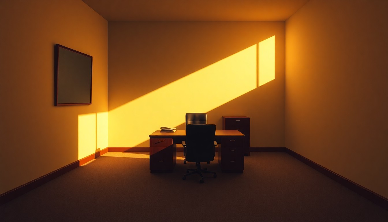A dimly lit, cinematic government office space with a single desk and chair, the scene bathed in warm, diagonal sunlight and deep shadows, conceptually representing the gravity and uncertainty surrounding the Predator spyware investigation.