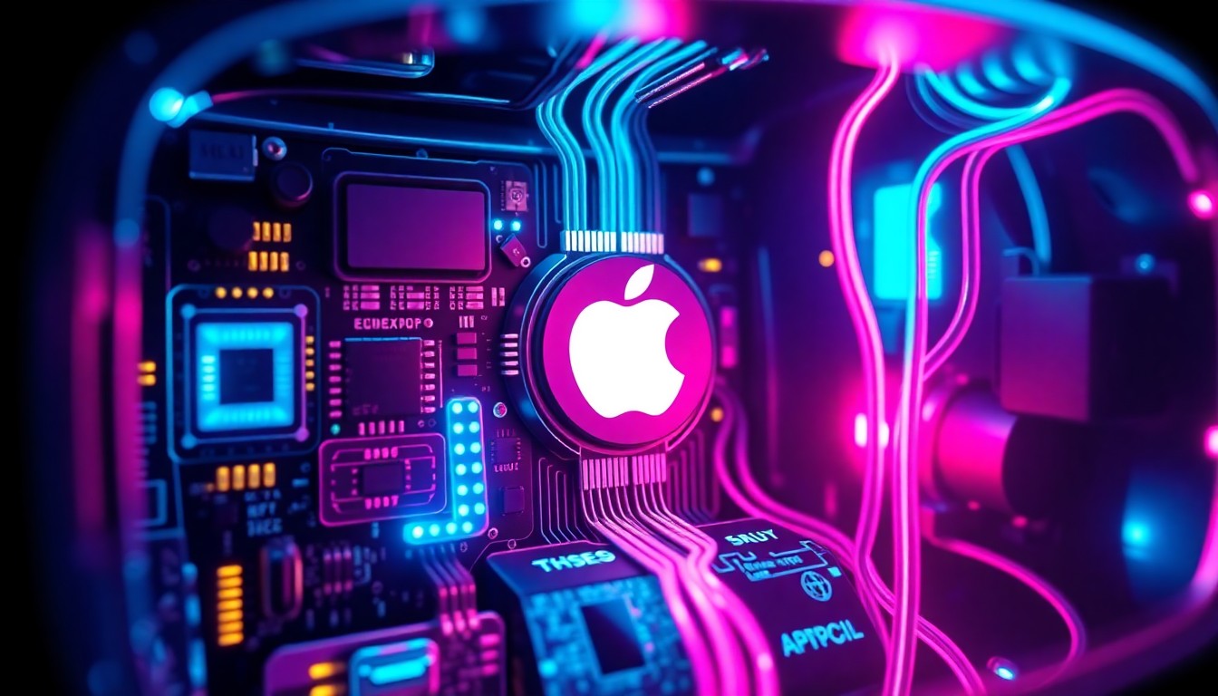 A highly detailed, glowing 3D macro illustration of the internal components and circuitry of an Apple Vision Pro headset, with recognizable physical tech elements like microchips, sensors, and fiber optic cables illuminated by neon cyan and magenta lights, conceptually representing the technical challenges that contributed to the product's launch woes.
