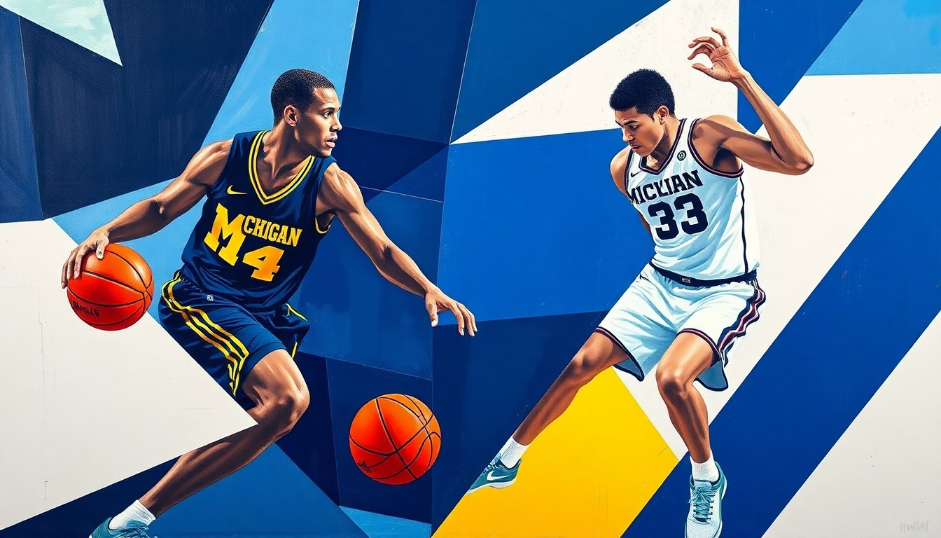 A cubist, geometric painting depicting the dynamic action of a basketball game, with the players' forms fractured into sharp, overlapping shapes in shades of blue, white, and yellow.