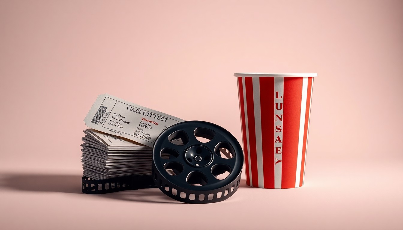 A minimalist, high-contrast studio photograph featuring a stack of movie tickets, a vintage film reel, and a modern movie theater concession stand cup, arranged in a clean, elegant composition to symbolize the transition of leadership in the theater industry.