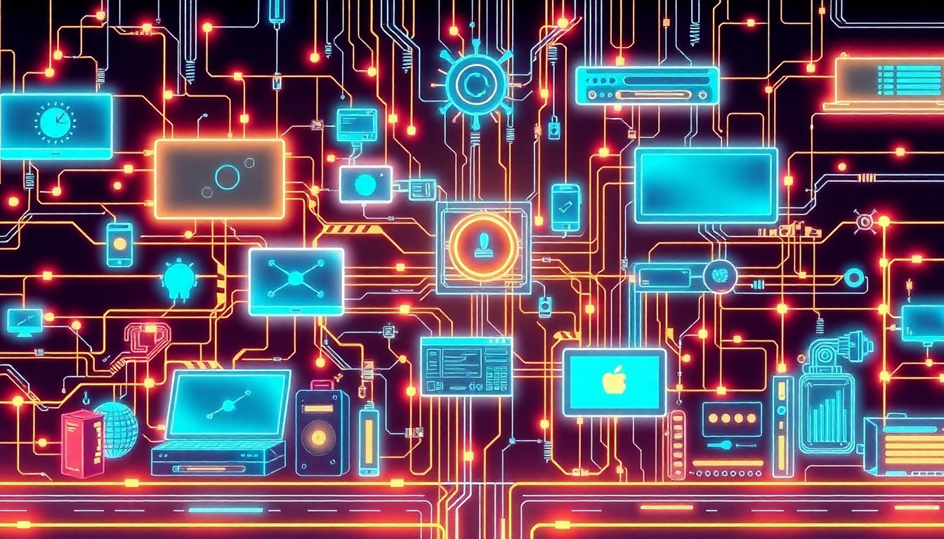 A vibrant, neon-lit illustration of interconnected digital devices and infrastructure, representing the complex technology ecosystem that technology advisors help navigate.