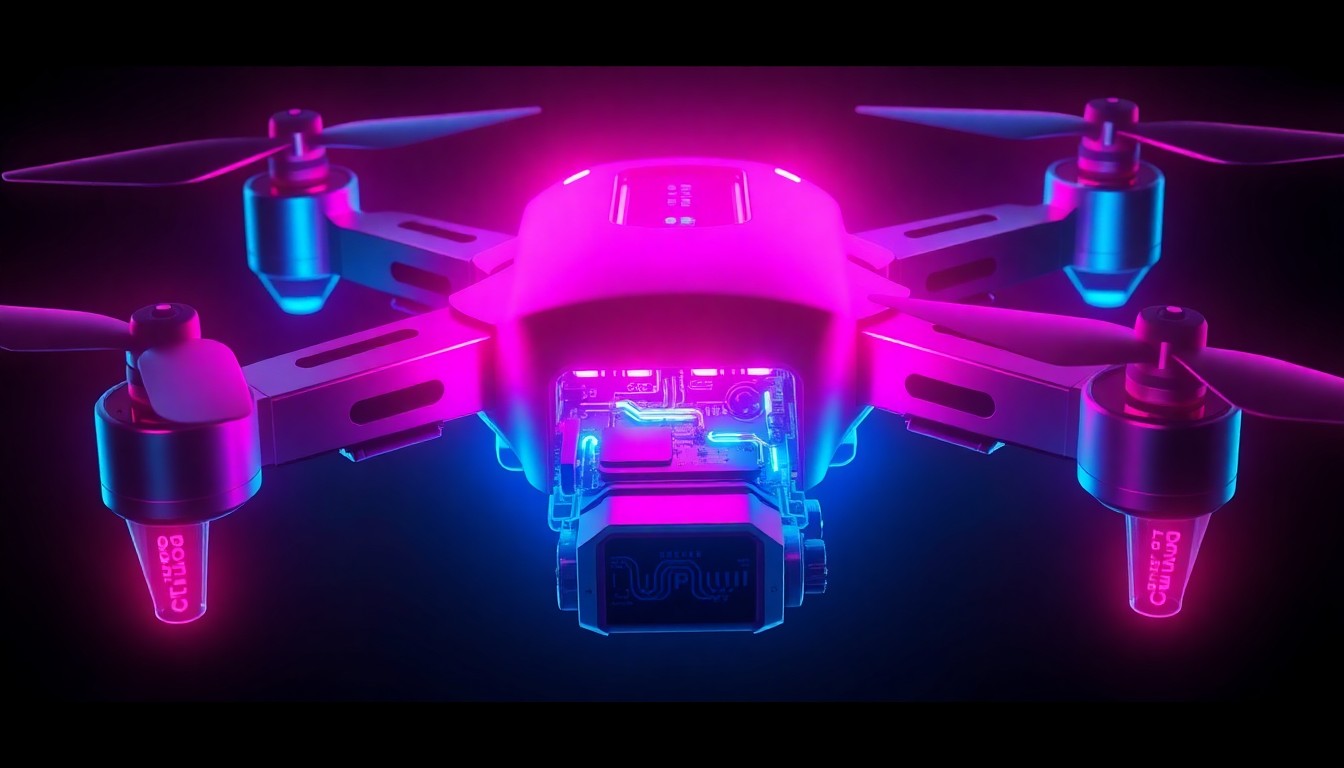 A highly detailed, glowing 3D illustration of a drone's internal circuitry and control systems, with neon cyan and magenta lights pulsing through the hardware, conceptually representing the complex digital infrastructure powering modern drone technology and the potential vulnerabilities that could be exploited by hackers.