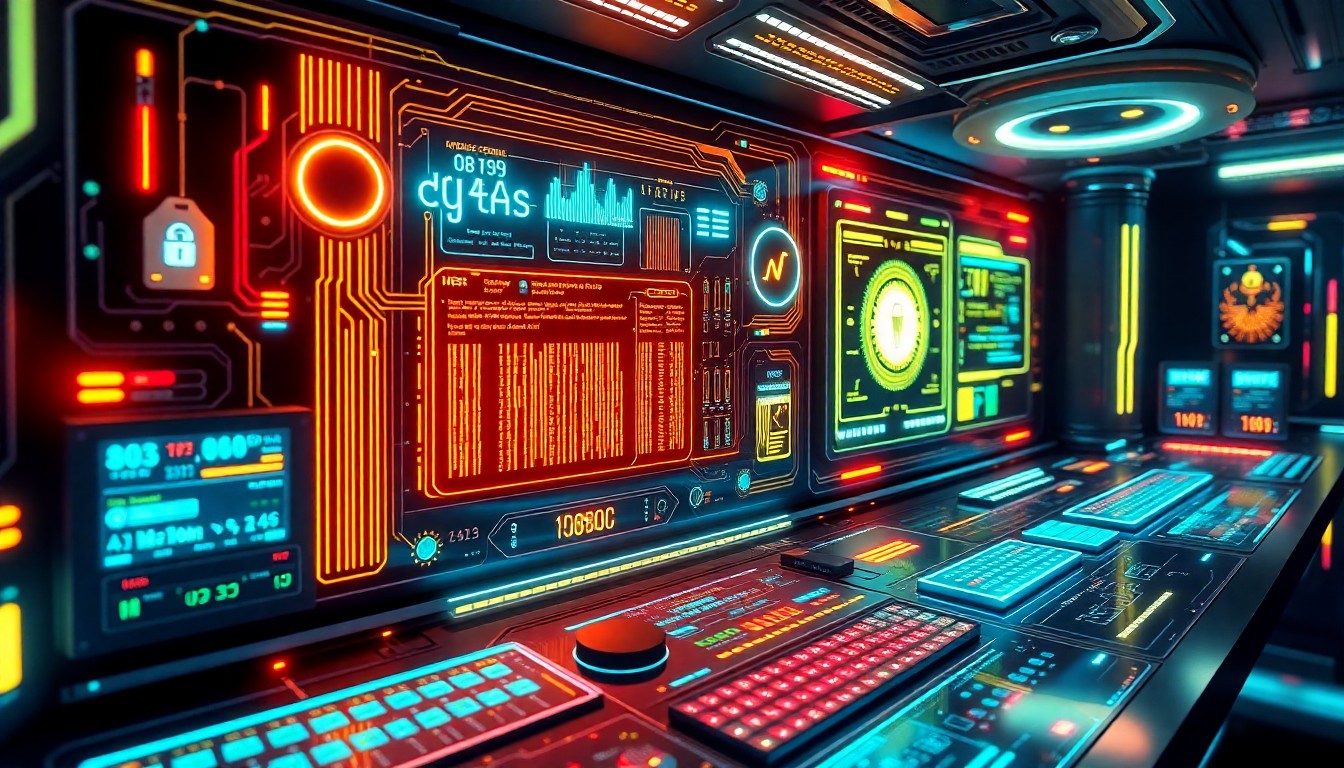 A highly detailed, glowing 3D illustration of a futuristic cybersecurity control panel with pulsing neon lights, intricate circuit boards, and holographic data visualizations, conceptually representing advanced security infrastructure.