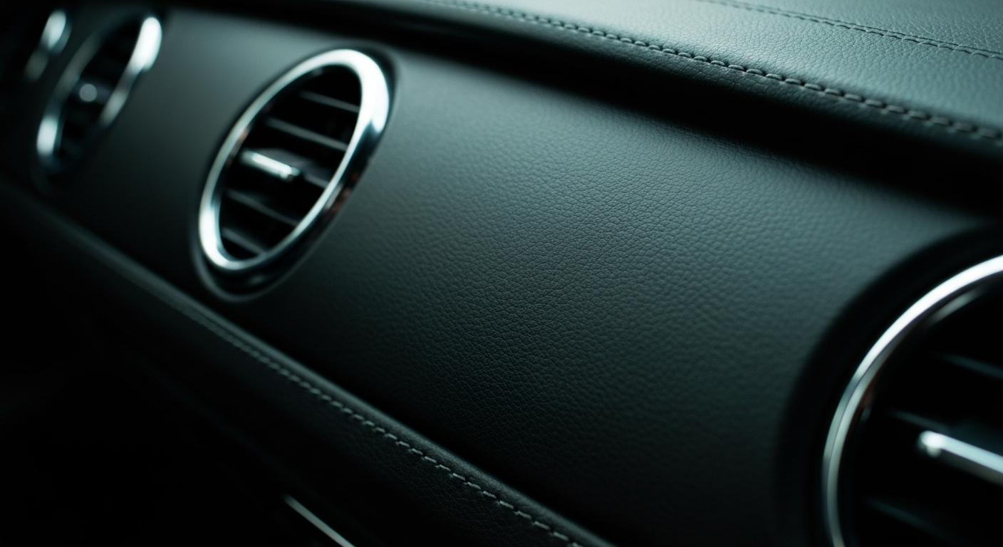 An extreme close-up of a luxury car dashboard's textured leather interior, captured in dramatic lighting and muted colors that convey a sense of quality and craftsmanship in the automotive industry.
