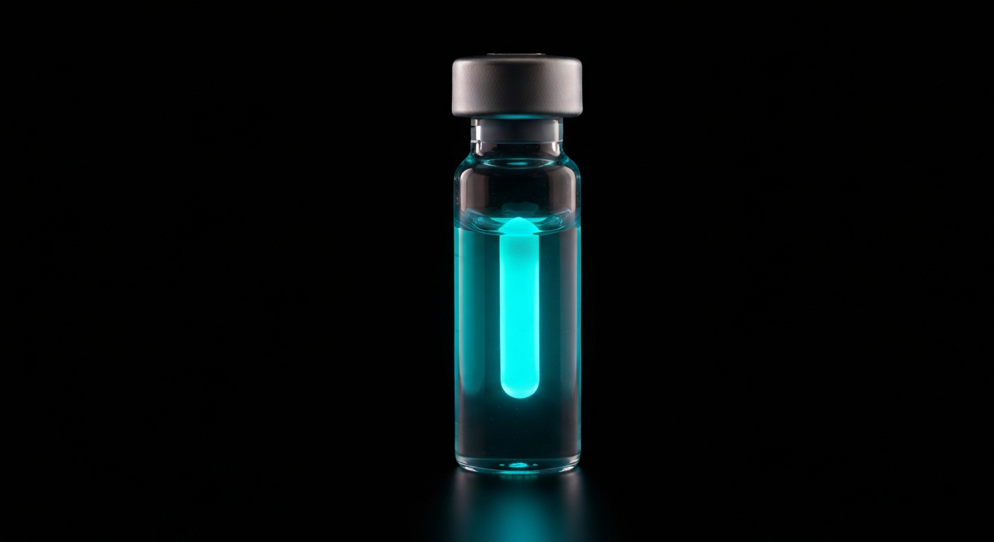 An extreme close-up X-ray photograph showing the translucent, glowing internal structure of a small glass vial containing a luminescent liquid medication, conceptually representing a new treatment for the rare neurological disorder Rett syndrome.