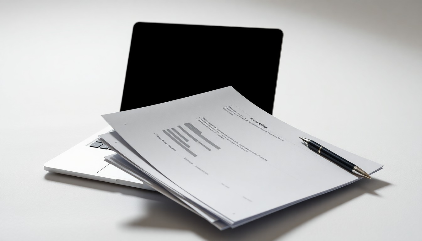 A photorealistic studio still life featuring a stack of financial reports, a laptop, and a pen arranged on a clean white background, conveying the abstract concepts of corporate finance and performance.