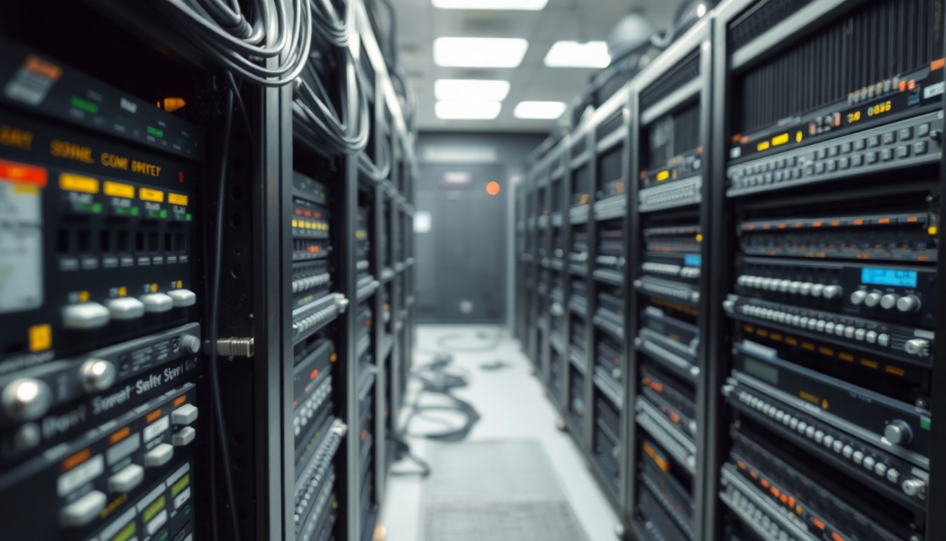 An extreme close-up photograph of a computer server rack, with a focus on the intricate details and textures of the hardware components, conceptually illustrating the technological complexity of modern public safety software systems.