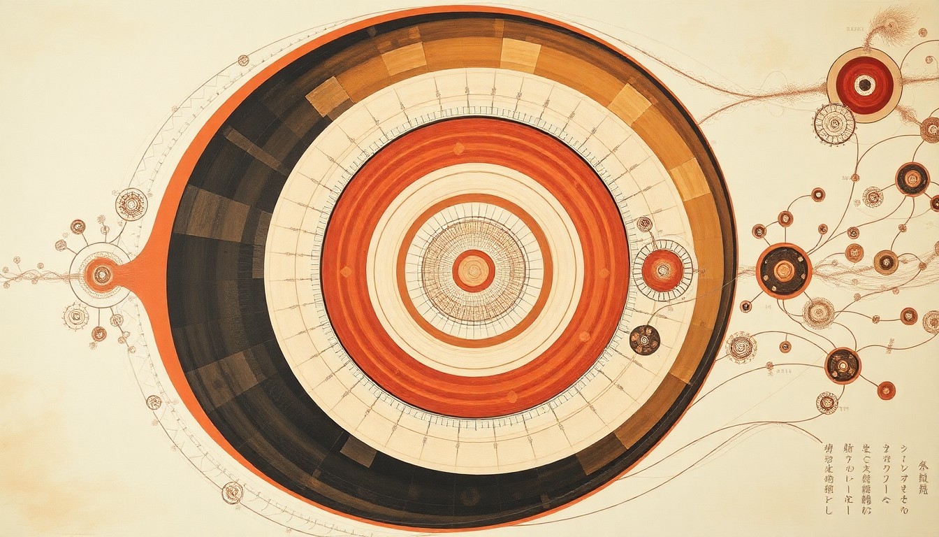 A highly textured, abstract painting in soft greens, browns, and blues, featuring sweeping geometric shapes, concentric cellular structures, and precise botanical spirals, conceptually representing the complex natural processes involved in personalized tissue engineering.