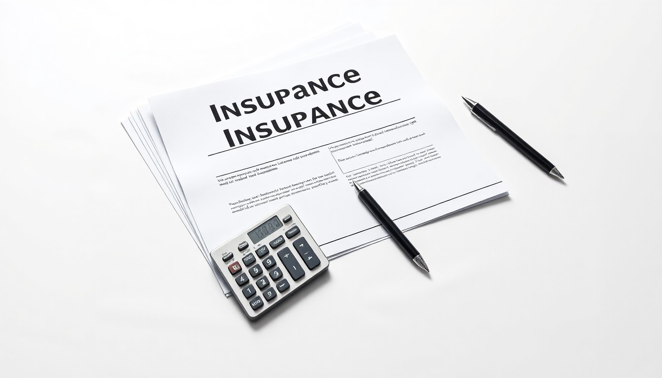 A photorealistic studio still-life featuring a stack of insurance documents, a calculator, and a pen arranged elegantly on a clean, white background, conceptually representing the strategic financial decisions of a corporate leadership change.