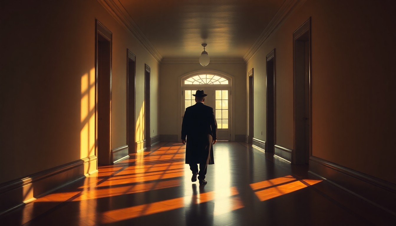 A serene, painterly scene of an empty White House hallway, with warm light and deep shadows, and a lone Orthodox Jewish man walking alone, conveying a sense of quiet contemplation and political power.