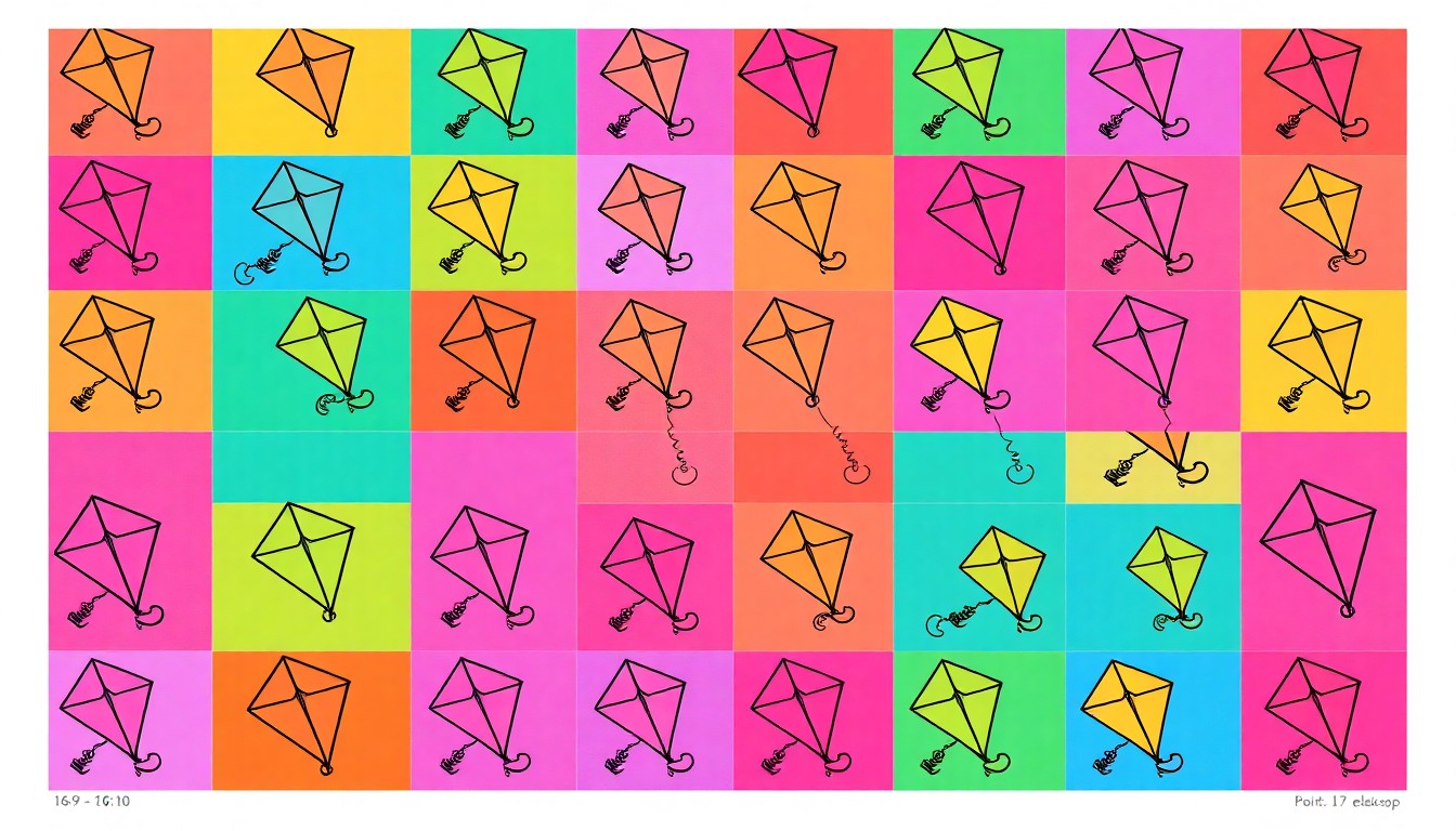 A bold, graphic illustration featuring a repeating pattern of a single, iconic kite shape in a variety of neon colors, conceptually representing the energy and creativity of the annual ABC Kite Fest in Austin.