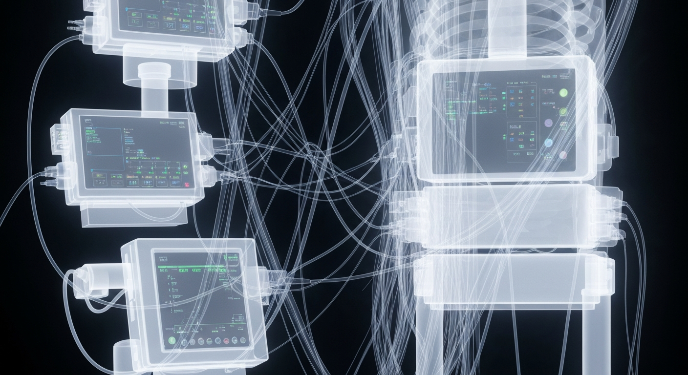 A ghostly, translucent X-ray photograph revealing a complex network of medical devices and data cables, conceptually representing the interconnected nature of healthcare data exchange.