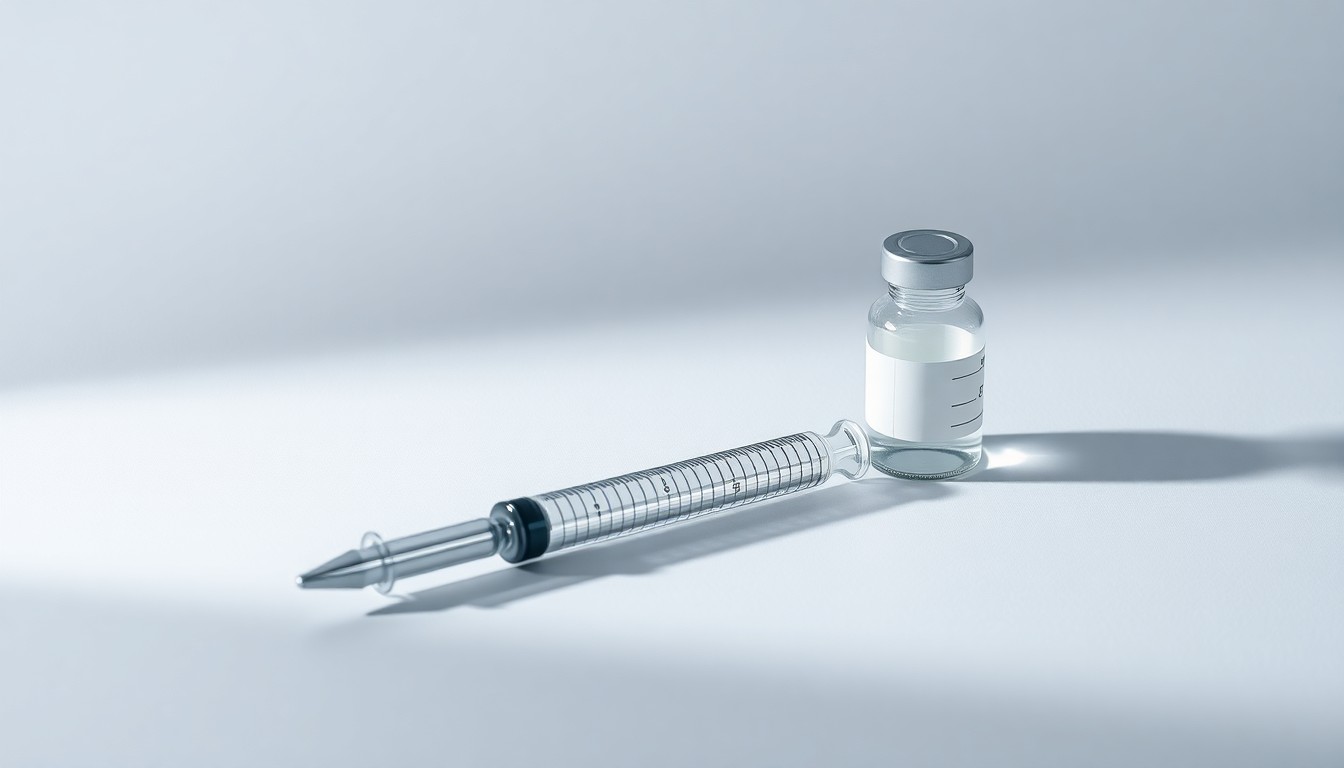A photorealistic studio still life featuring a sleek, metallic syringe and vial arranged elegantly on a clean, monochromatic background, conceptually representing the precision and innovation of the antibody-drug conjugate technology.