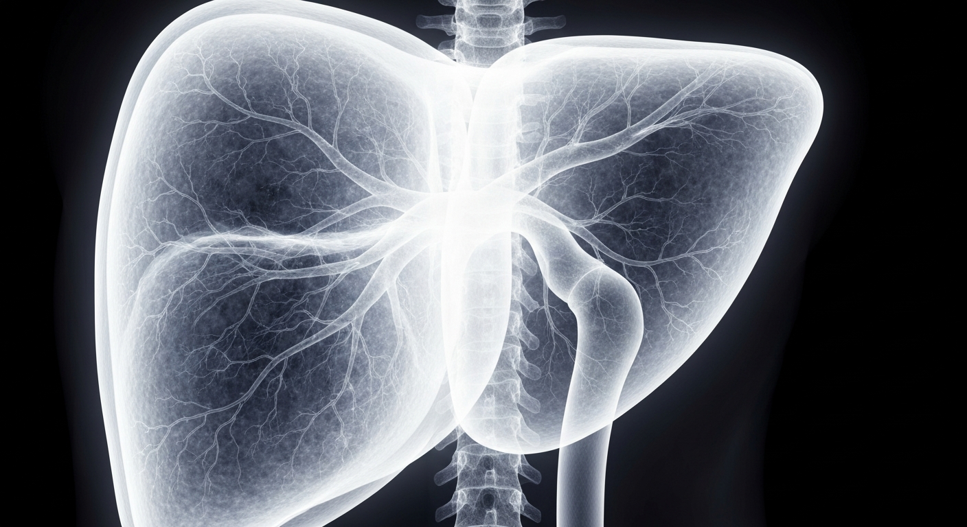 A translucent, ghostly X-ray image revealing the intricate internal structures of a human liver, conceptually illustrating the advanced medical technology being used to treat this form of liver cancer.