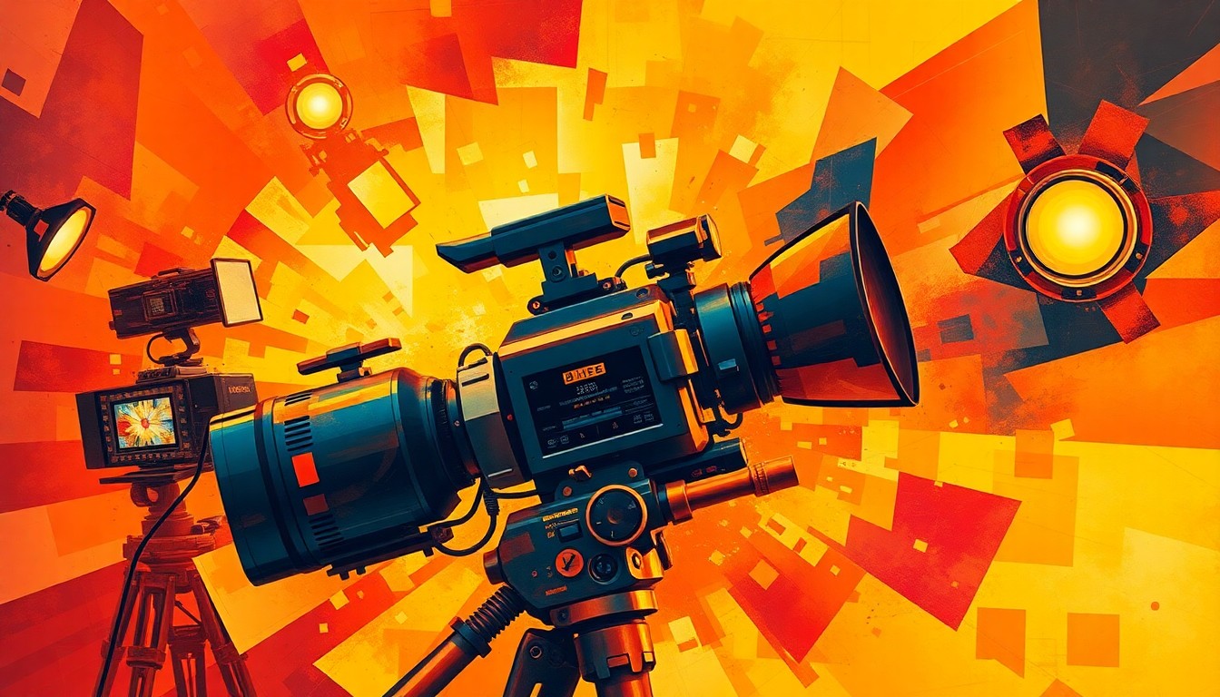 A vibrant, abstract painting featuring overlapping, fractured shapes and lines in warm colors, representing the dynamic and evolving nature of technology in the film industry.