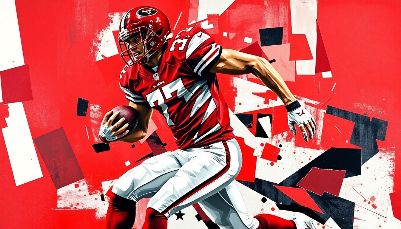 A fragmented, cubist-style painting depicting a football player in motion, with their jersey number 77 visible among the overlapping geometric shapes in crimson, white, and black.