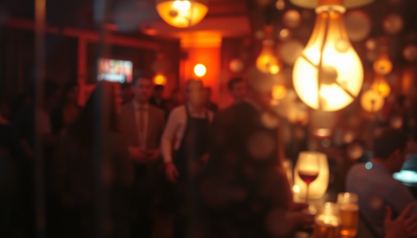 An extremely abstracted, out-of-focus photograph in warm, muted tones, capturing the intimate, dreamlike atmosphere of a dimly lit cocktail lounge, with blurred silhouettes of patrons and bartenders visible in the background, conceptually representing the bittersweet closure of a beloved community institution.