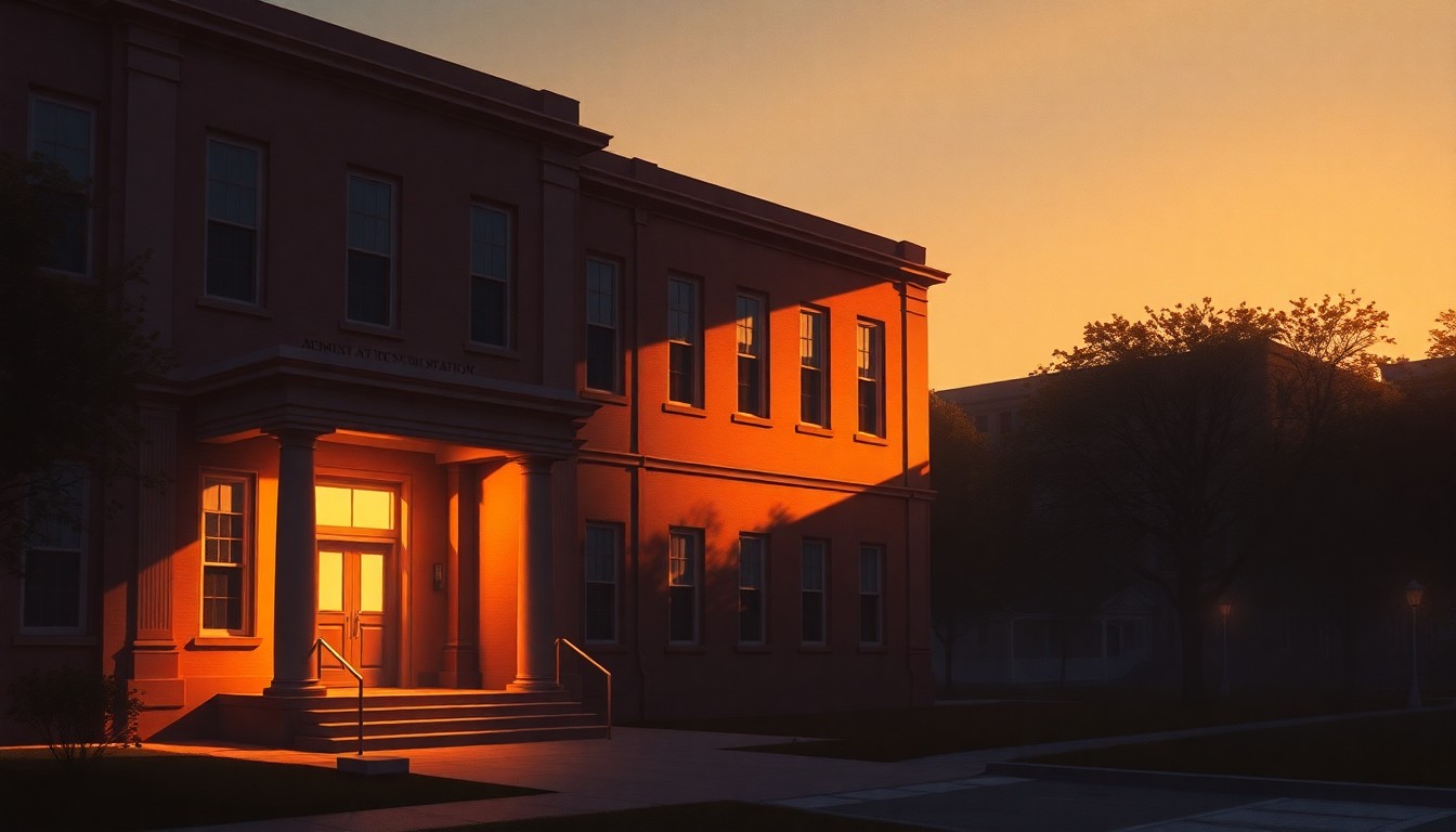 A serene, nostalgic painting of a university administration building in warm, golden light, conveying a sense of quiet contemplation and unease about the institution's future.