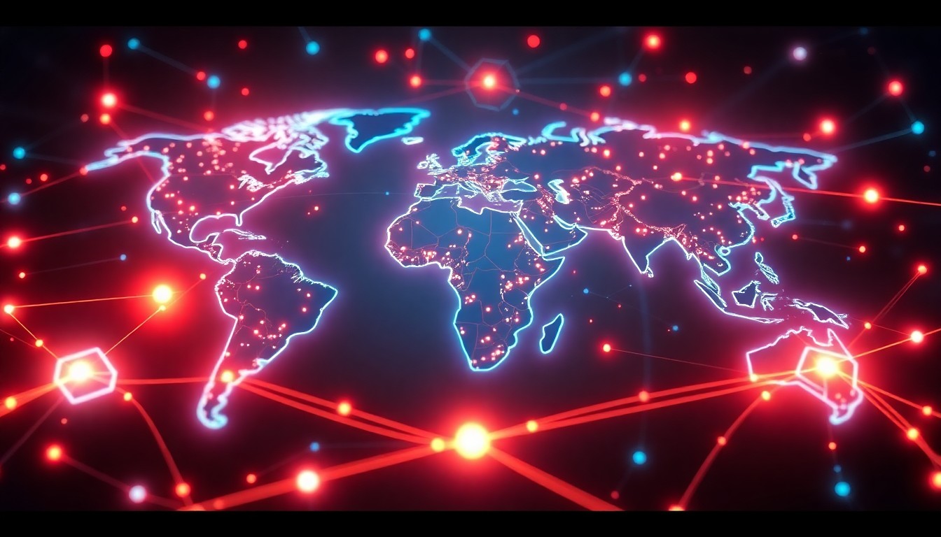 A highly detailed, 3D macro illustration of a glowing, neon-lit cybernetic network, with pulsing data streams and abstract geometric shapes representing the interconnected digital infrastructure that enables modern life.