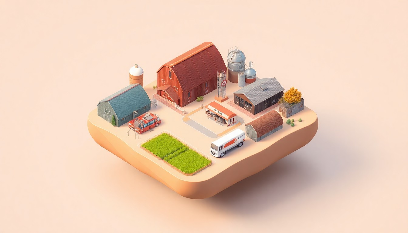 A miniature, stylized 3D digital illustration featuring various agricultural businesses and enterprises, representing the value-added opportunities highlighted in the Iowa Farm Bureau Young Farmer Ag Insights Tour.