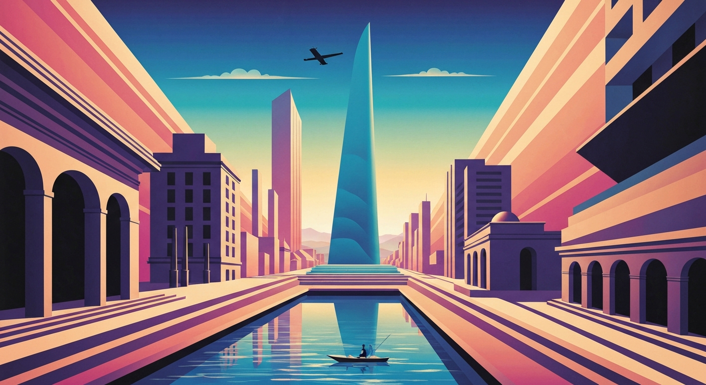 A highly stylized, geometric illustration featuring sweeping gradients in shades of blue and green, evoking the grand scale and modern aesthetic of travel and tourism.