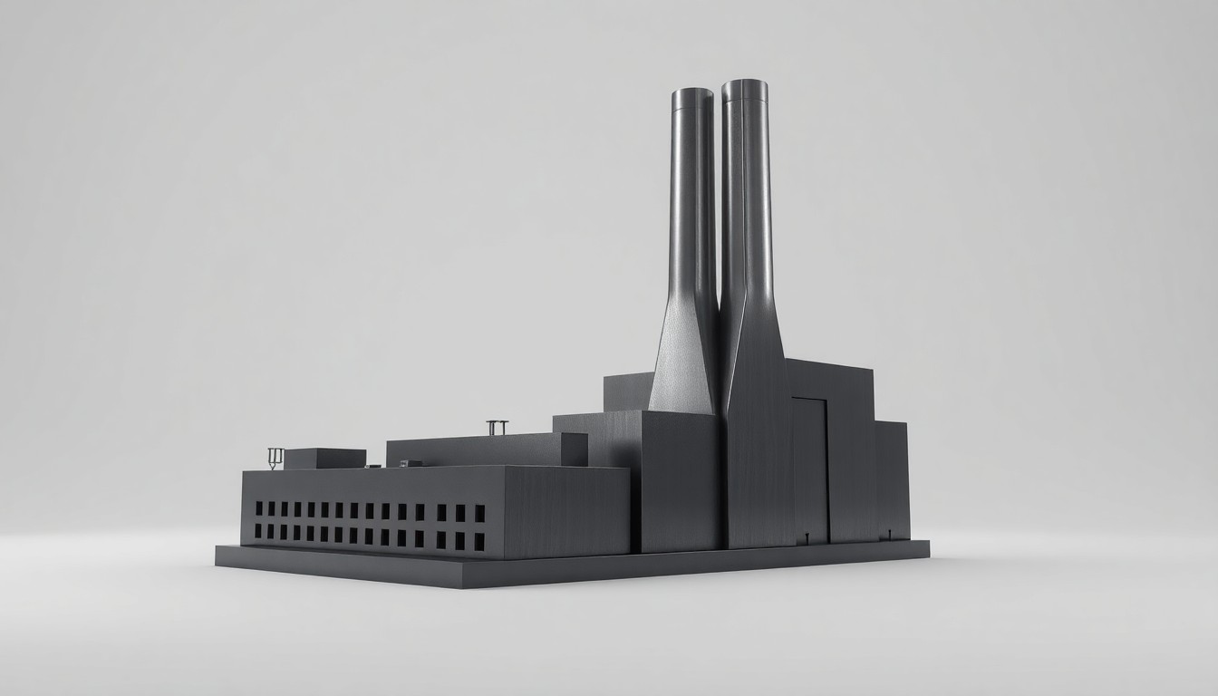 A photorealistic studio still-life photograph featuring a polished, geometric metal sculpture representing an industrial manufacturing facility, set against a clean, monochromatic grey background with dramatic lighting and sharp shadows.