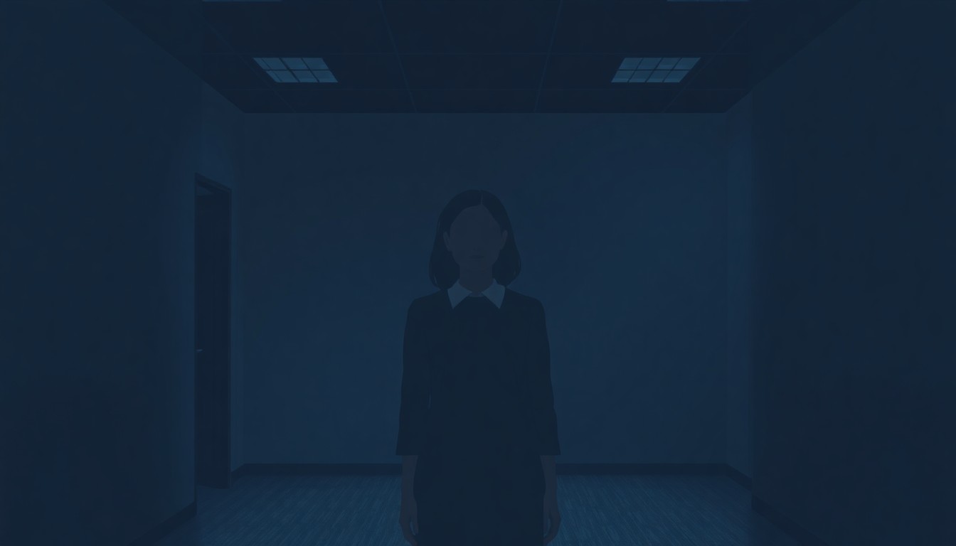 A solitary figure standing alone in a dimly lit office, their face obscured by shadow, conveying a sense of isolation and erasure through the use of muted tones and cinematic lighting.