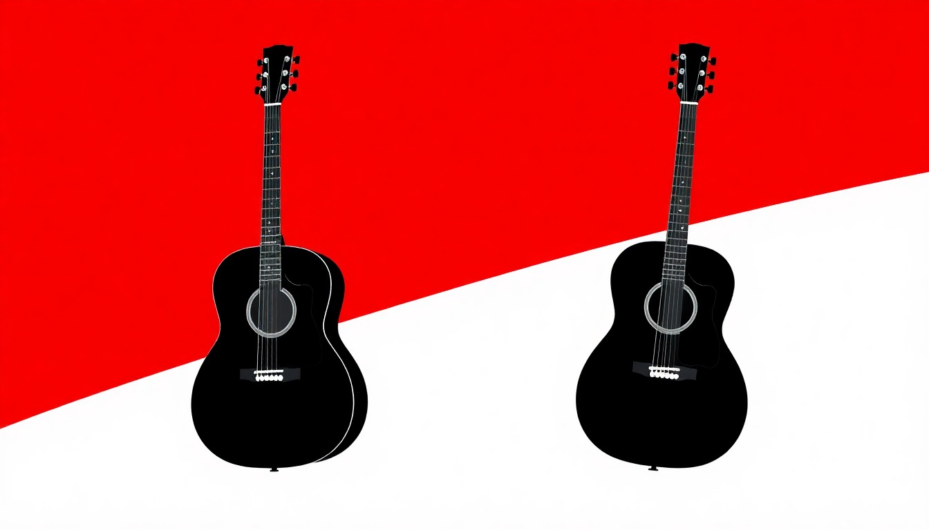 A minimalist, abstract illustration featuring two bold, geometric black silhouettes of acoustic guitars against a high-contrast red and white background, conceptually representing the reunion of acclaimed folk musicians.