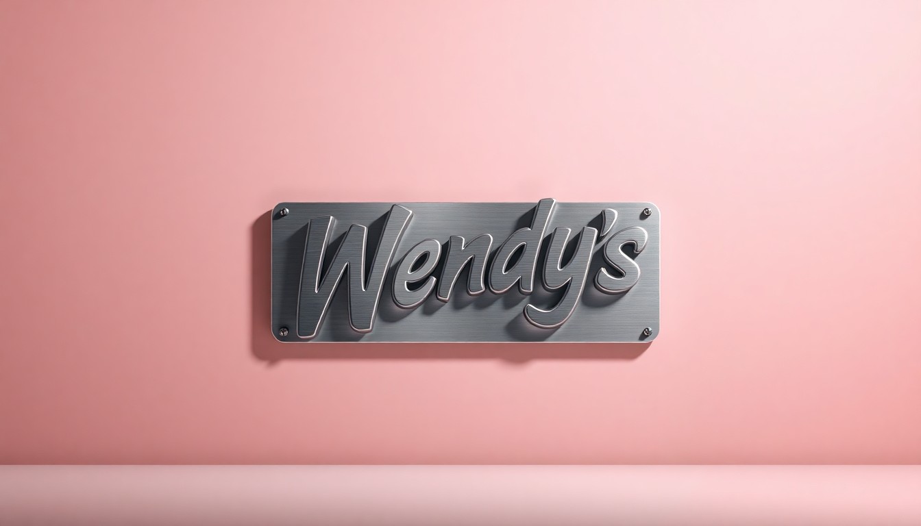 A highly detailed, photorealistic studio photograph of a single, polished stainless steel Wendy's logo plaque or signage element floating on a clean, monochromatic background, dramatically lit to create sharp shadows and a sense of corporate strategy.