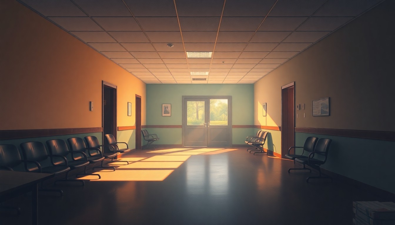 A dimly lit, cinematic painting of an empty hospital waiting room with warm sunlight streaming through the windows, creating deep shadows and a sense of solitude, conceptually representing the challenges facing rural healthcare providers in Iowa.