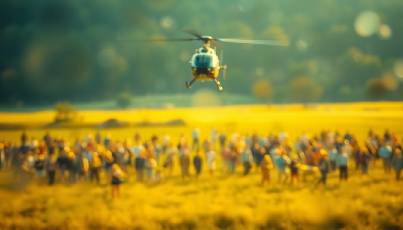 An abstract, impressionistic photograph showing a blurred crowd of people in a grassy field, with a helicopter overhead, all captured in a soft, golden glow, conveying the sense of a community event and the dramatic rescue of a child.
