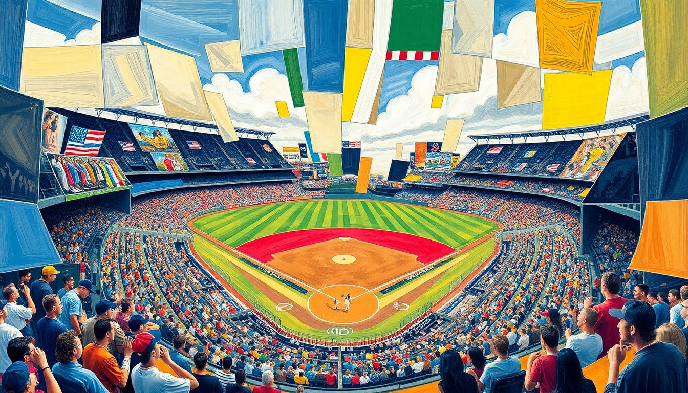 A cubist, geometric painting depicting a baseball game between the Boston Red Sox and Milwaukee Brewers, with the players and field broken down into sharp, overlapping planes of color and shape.