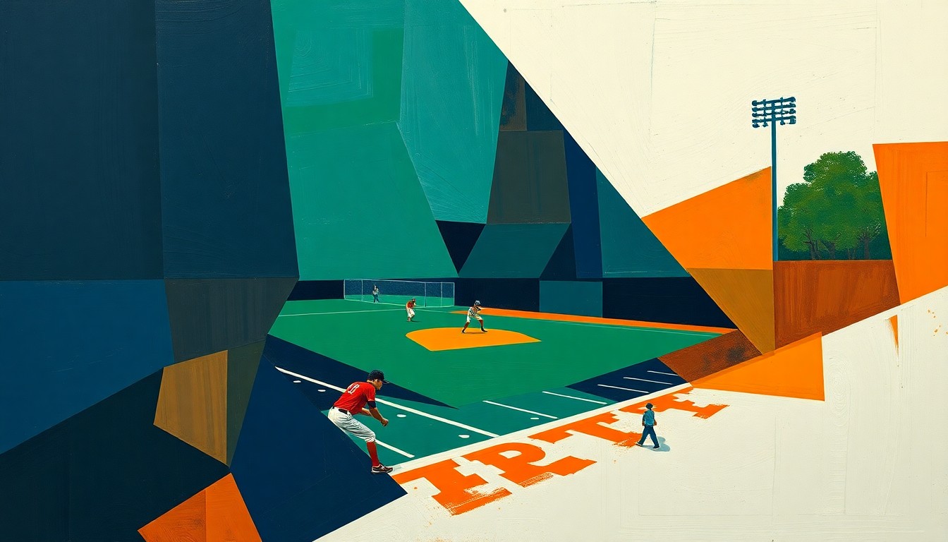A fragmented, geometric painting depicting the motion and action of a high school softball game, with sharp planes of color representing the intensity and skill of the pitcher's performance.