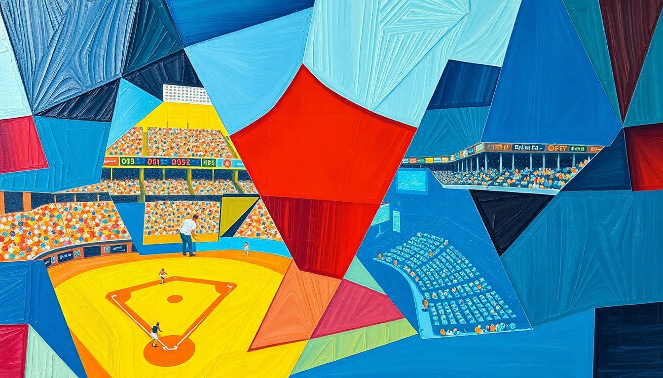 A cubist-style painting depicting a baseball game broken down into sharp, overlapping geometric shapes in vibrant colors, capturing the dynamic energy of the sport.