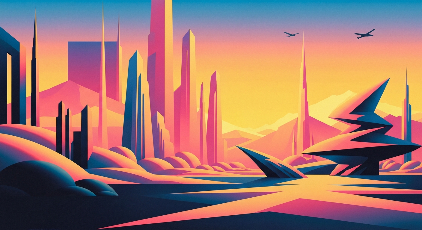 A highly stylized, geometric illustration in the Art Deco Monumentalist style, featuring sweeping gradients of bright blue and orange hues, towering forced perspectives of Dollywood's iconic architecture, and sleek, streamlined forms that capture the romance and grand scale of the theme park's public employee appreciation event.