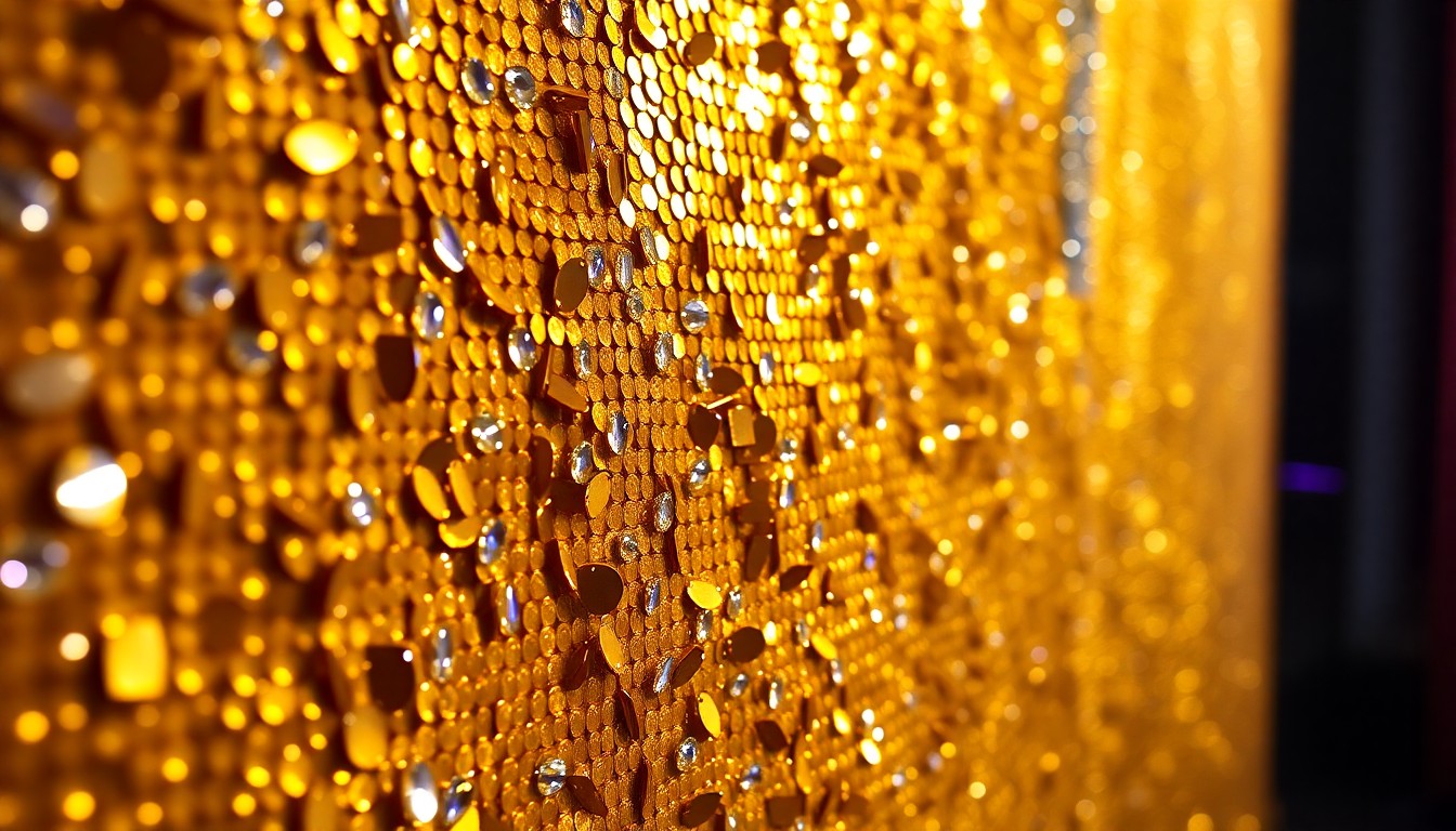 An abstract close-up photograph of luxurious gold sequins and sparkling rhinestones, conveying the high-end, theatrical aesthetic of a Las Vegas concert performance.