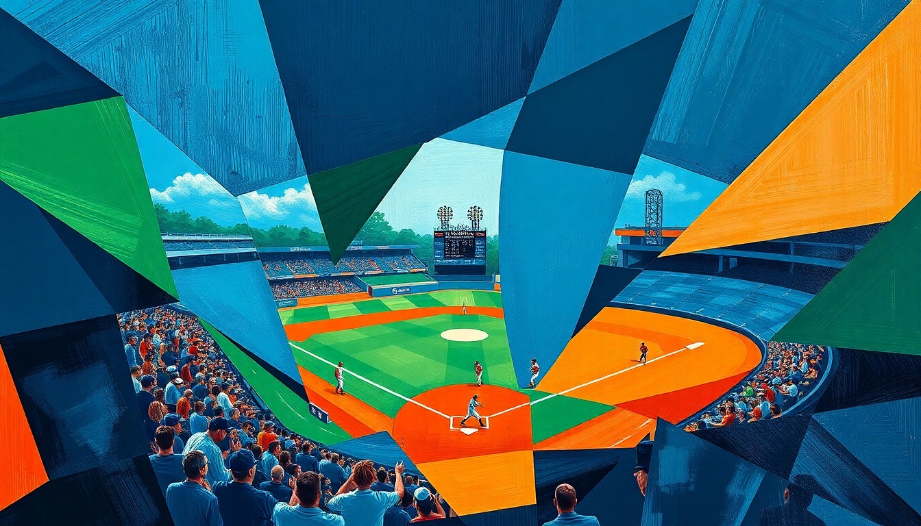 A fragmented, geometric painting depicting a college baseball game, with sharp planes of navy, green, and orange overlapping to create a sense of motion and intensity.