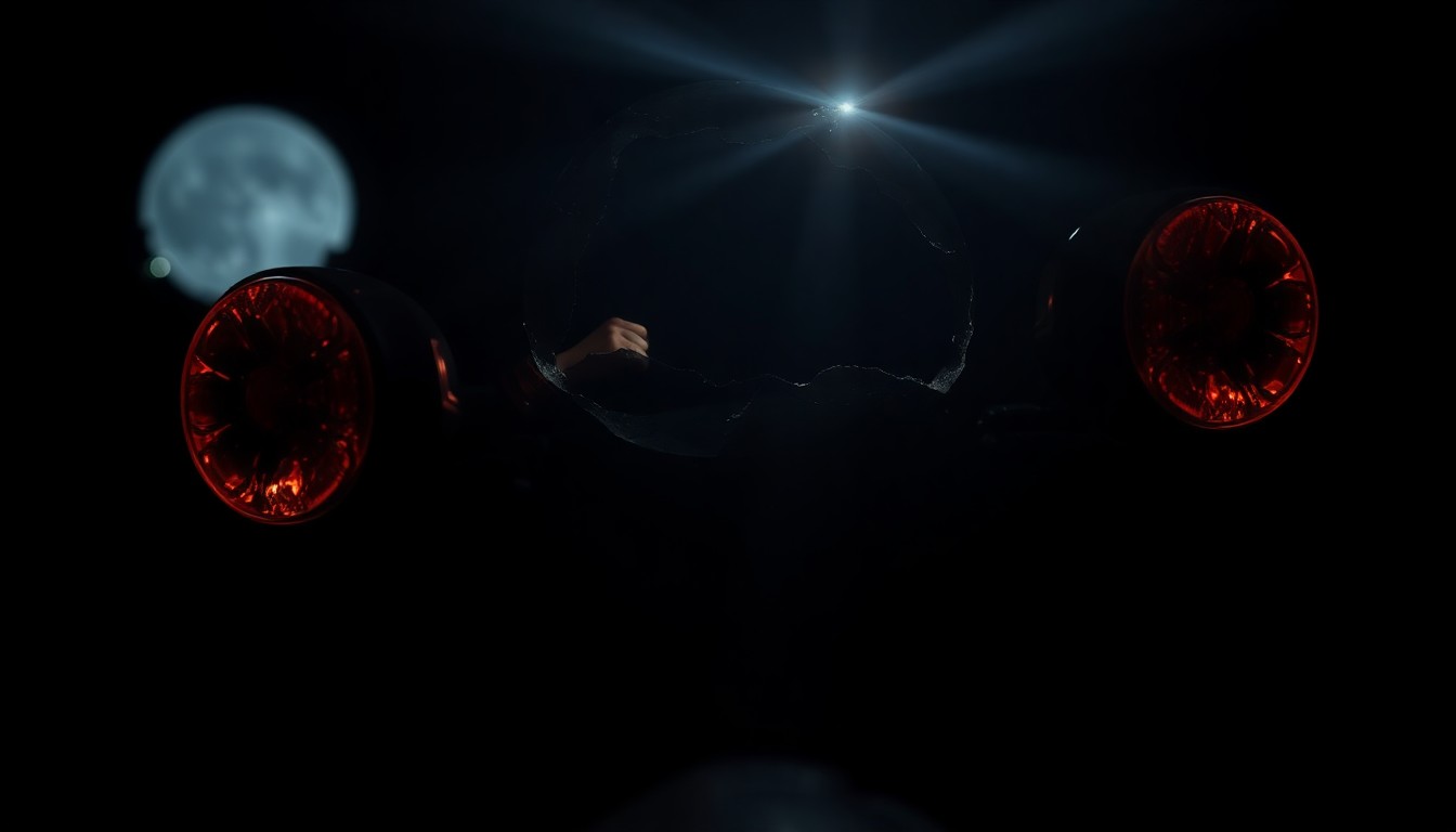 An extreme close-up photograph of a damaged motorcycle part, such as a broken mirror or shattered taillight, lit by a harsh, direct camera flash against a pitch-black background, conceptually illustrating the aftermath of a serious motorcycle accident.