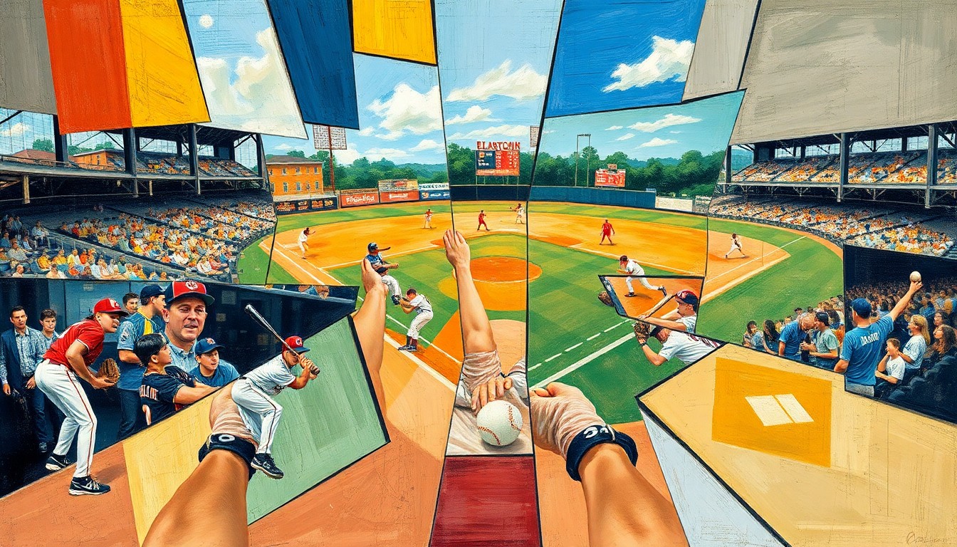 A cubist, geometric painting depicting fragmented scenes of high school baseball players in motion, with overlapping planes of color and form conveying the competitive energy of the sport.