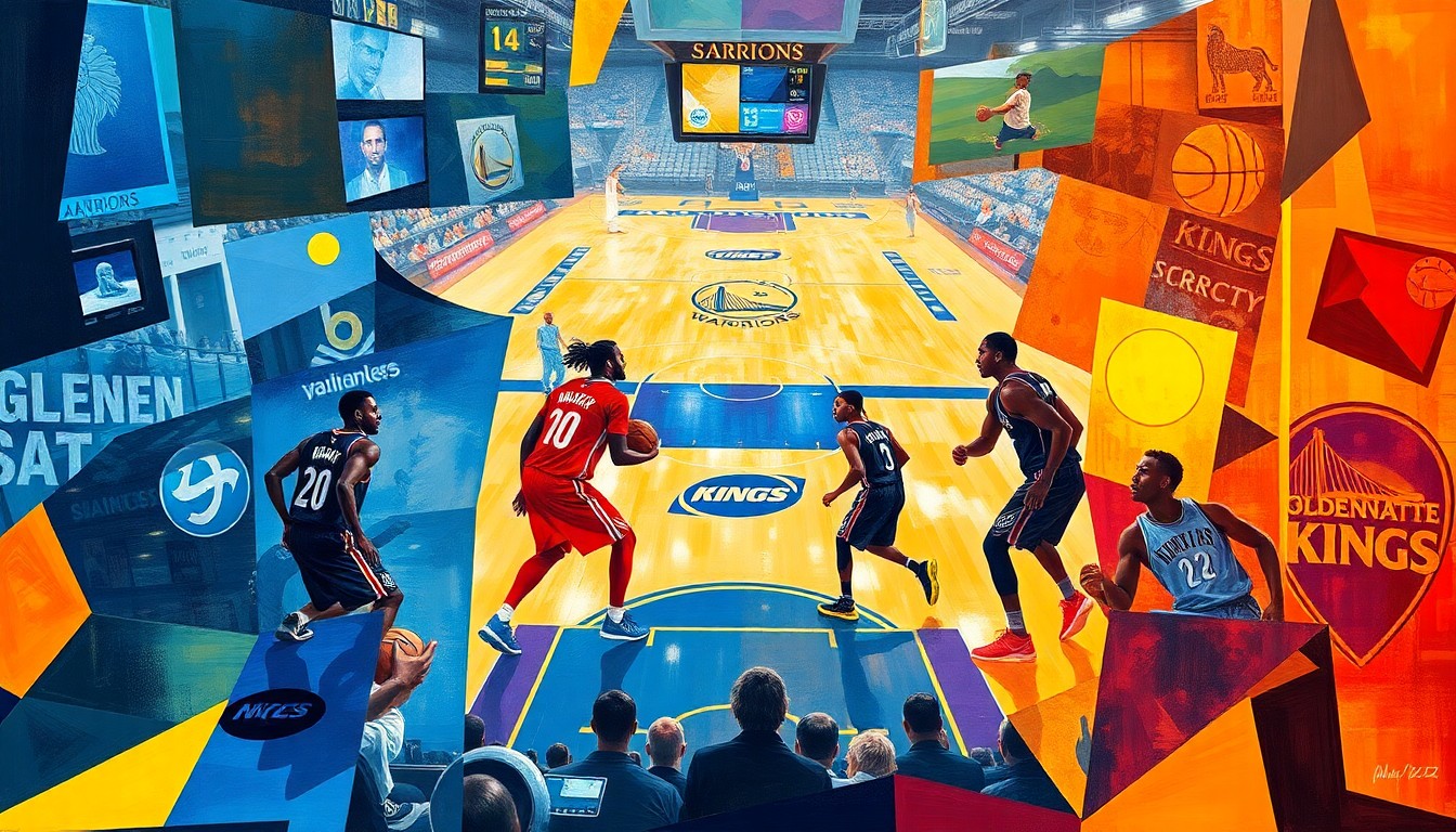 A cubist, geometric painting depicting an abstracted basketball game between the Golden State Warriors and Sacramento Kings, with the players' forms broken down into sharp, overlapping planes of color and shape.