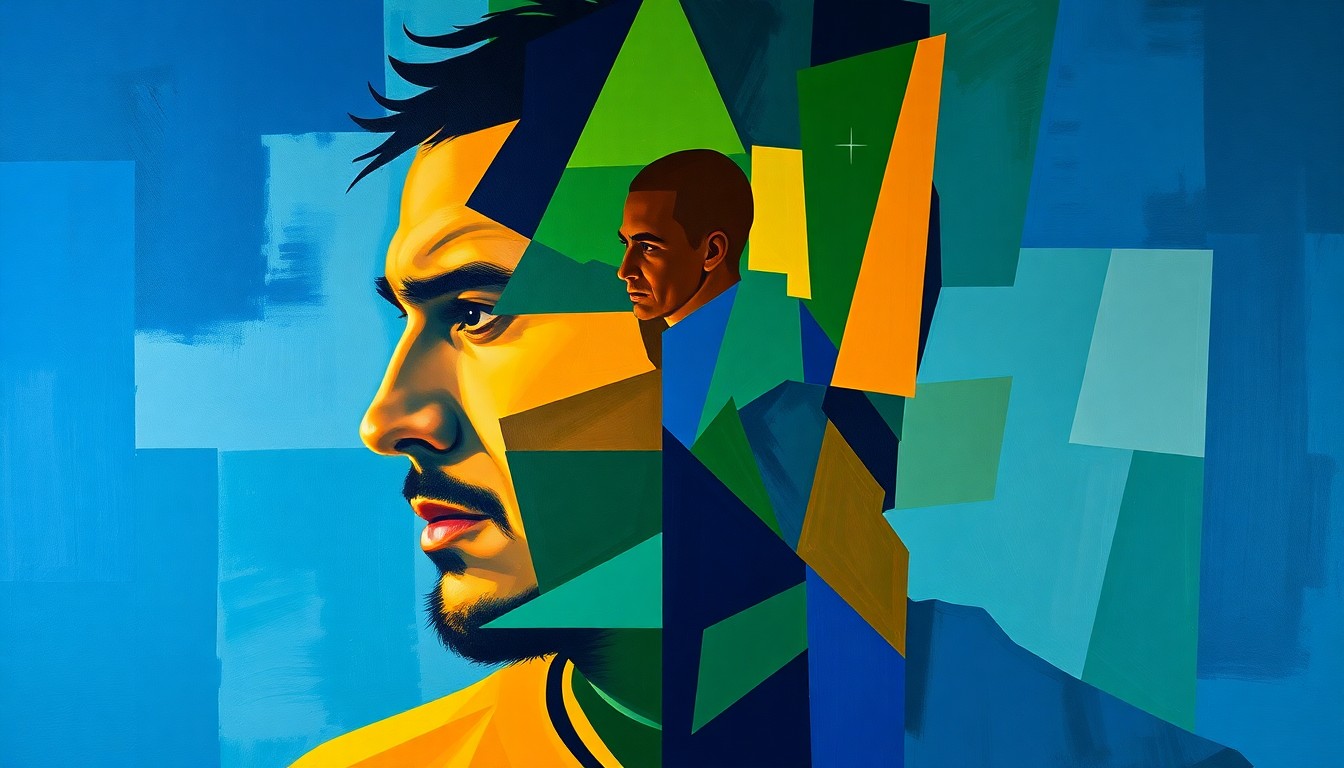 A cubist-style painting featuring a fragmented, geometric representation of a football player's silhouette in a palette of deep blues, greens, and oranges, conveying the conceptual idea of an athlete prioritizing personal connections over public spectacle.