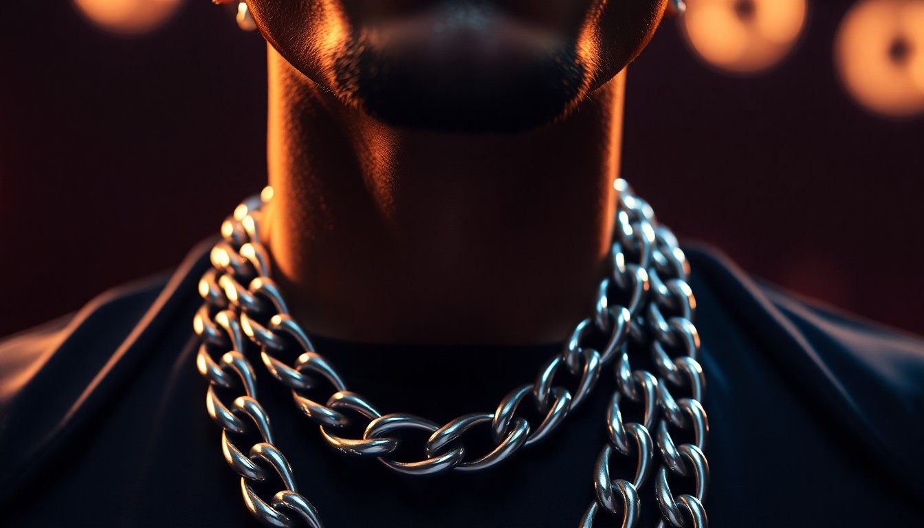 An extreme close-up photograph of a glistening metal chain necklace, the links reflecting dramatic studio lighting to capture a sense of high-fashion luxury and glamour.