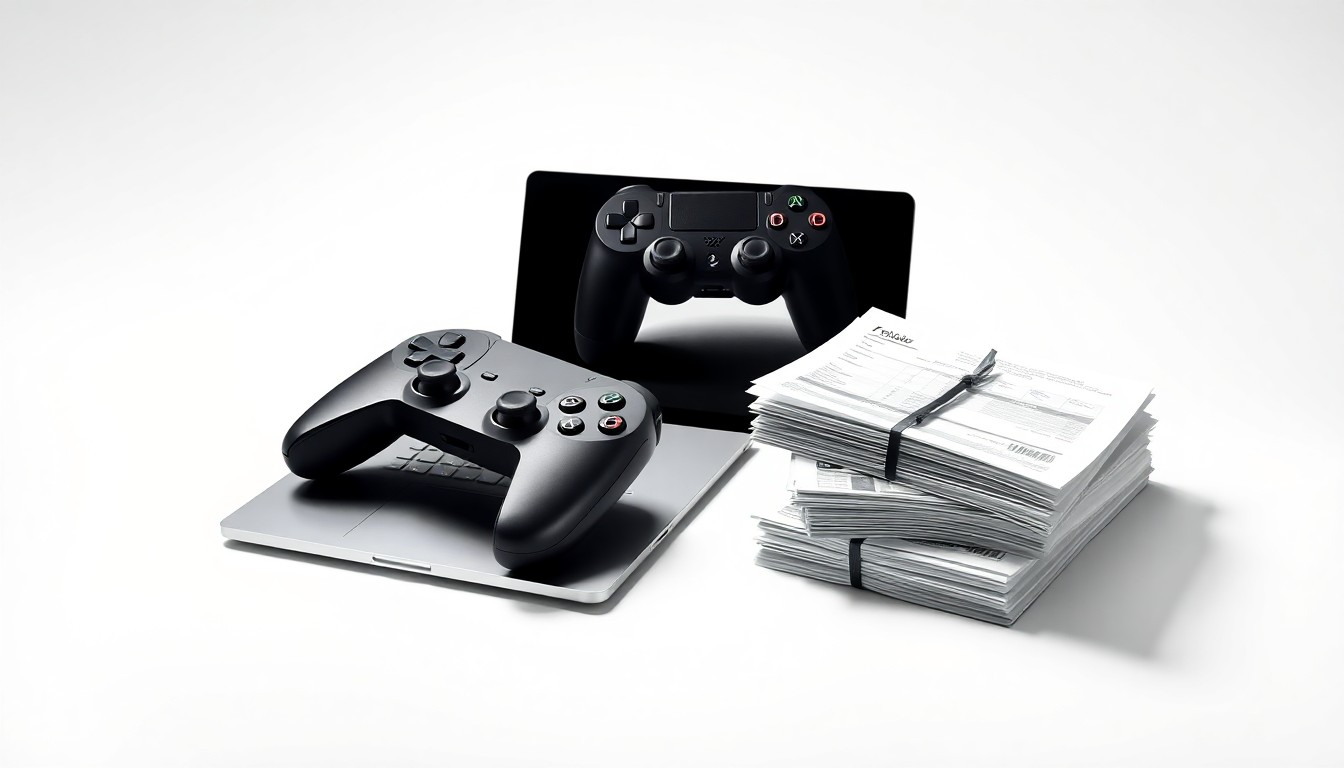 A high-end, photorealistic studio still-life photograph featuring a sleek laptop, gaming controller, and financial documents, symbolizing the intersection of technology, gaming, and corporate finance.