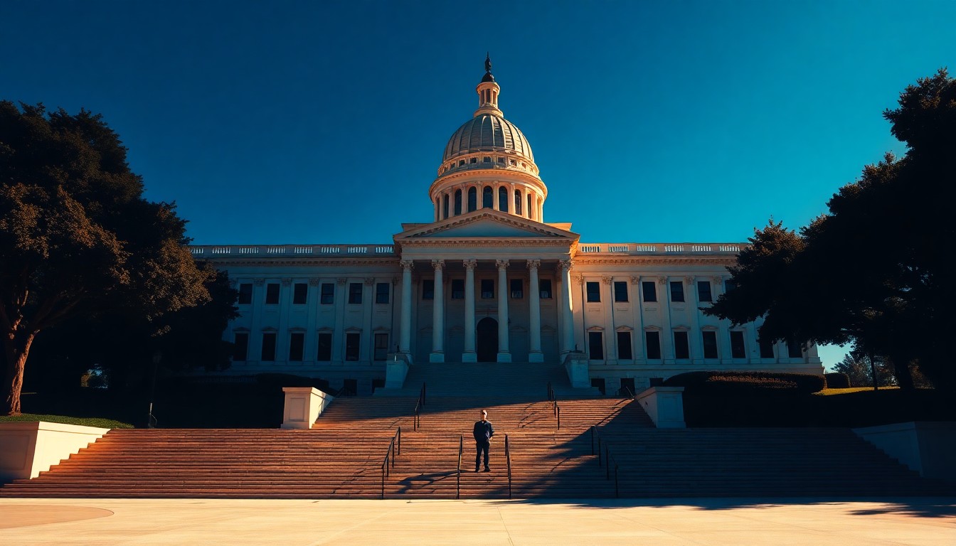 A serene, cinematic painting of the California state capitol building, its grand architecture and columns cast in warm, golden light and deep shadows, with a lone figure standing on the steps, conveying a sense of political uncertainty and transition.