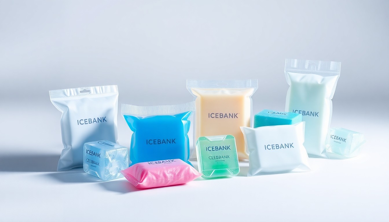 A high-end, photorealistic studio still-life photograph featuring a collection of sleek, geometric gel ice packs in various sizes and colors, arranged elegantly on a clean, monochromatic background to represent the advanced technology and environmental benefits of SOCO Group's sustainable cold chain solutions.