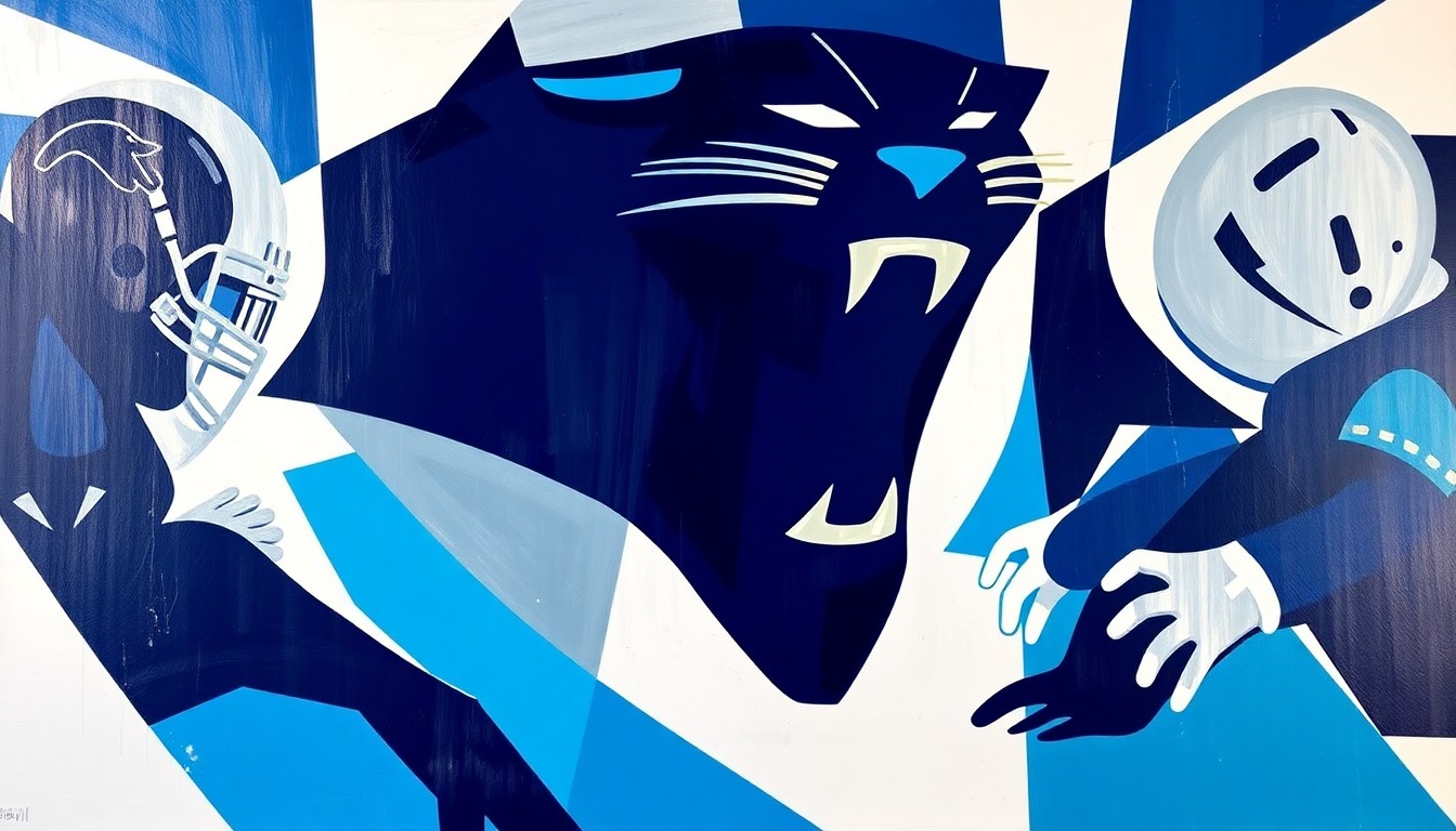 A cubist-style painting depicting an offensive line formation broken down into sharp, overlapping geometric shapes in navy blue, silver, and white, conveying the complex and evolving nature of the Panthers' offensive line.