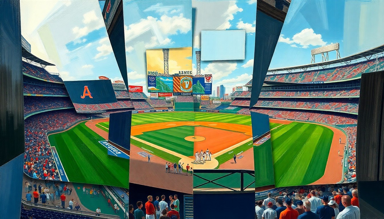 A fragmented, geometric painting depicting a baseball game in motion, with players and the field broken down into sharp, overlapping shapes and planes of color.